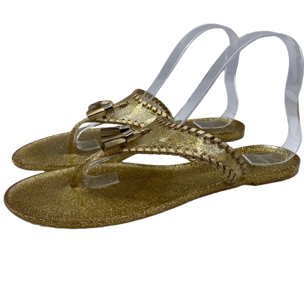 Jack Rogers Sandals Alana Gold Glitter Jelly Thong Tassel Casual Womens Size 9